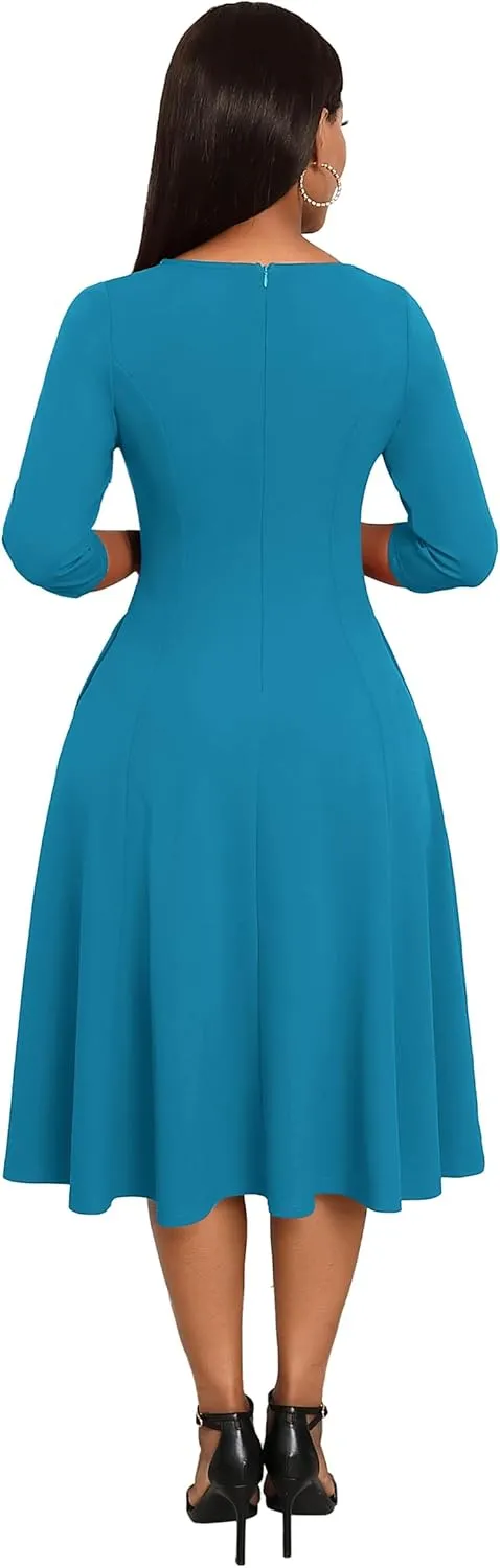 Nmoder Midi Dresses for Women A-Line Fit and Flare Dress 3/4 Sleeve V Neck Cocktail Wedding Guest Work Dress with Pockets