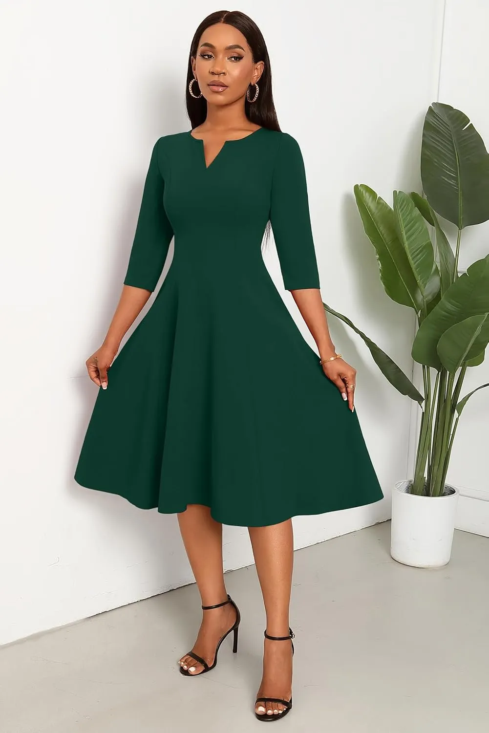 Nmoder Midi Dresses for Women A-Line Fit and Flare Dress 3/4 Sleeve V Neck Cocktail Wedding Guest Work Dress with Pockets