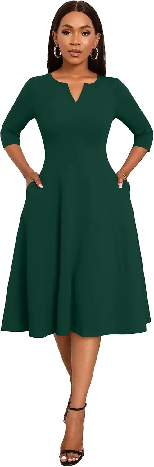 Nmoder Midi Dresses for Women A-Line Fit and Flare Dress 3/4 Sleeve V Neck Cocktail Wedding Guest Work Dress with Pockets
