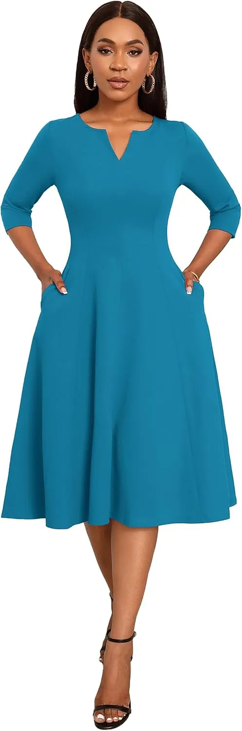 Nmoder Midi Dresses for Women A-Line Fit and Flare Dress 3/4 Sleeve V Neck Cocktail Wedding Guest Work Dress with Pockets