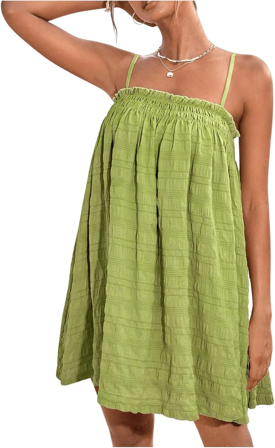 OYOANGLE Women's Spaghetti Straps Sleeveless Loose Ruffle A Line Cami Short Dress with Pocket