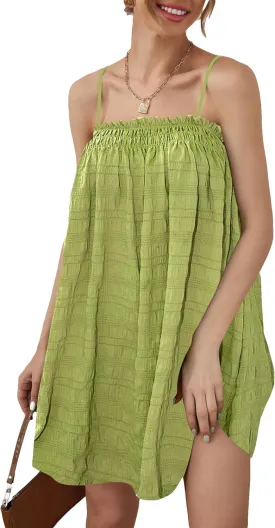 OYOANGLE Women's Spaghetti Straps Sleeveless Loose Ruffle A Line Cami Short Dress with Pocket