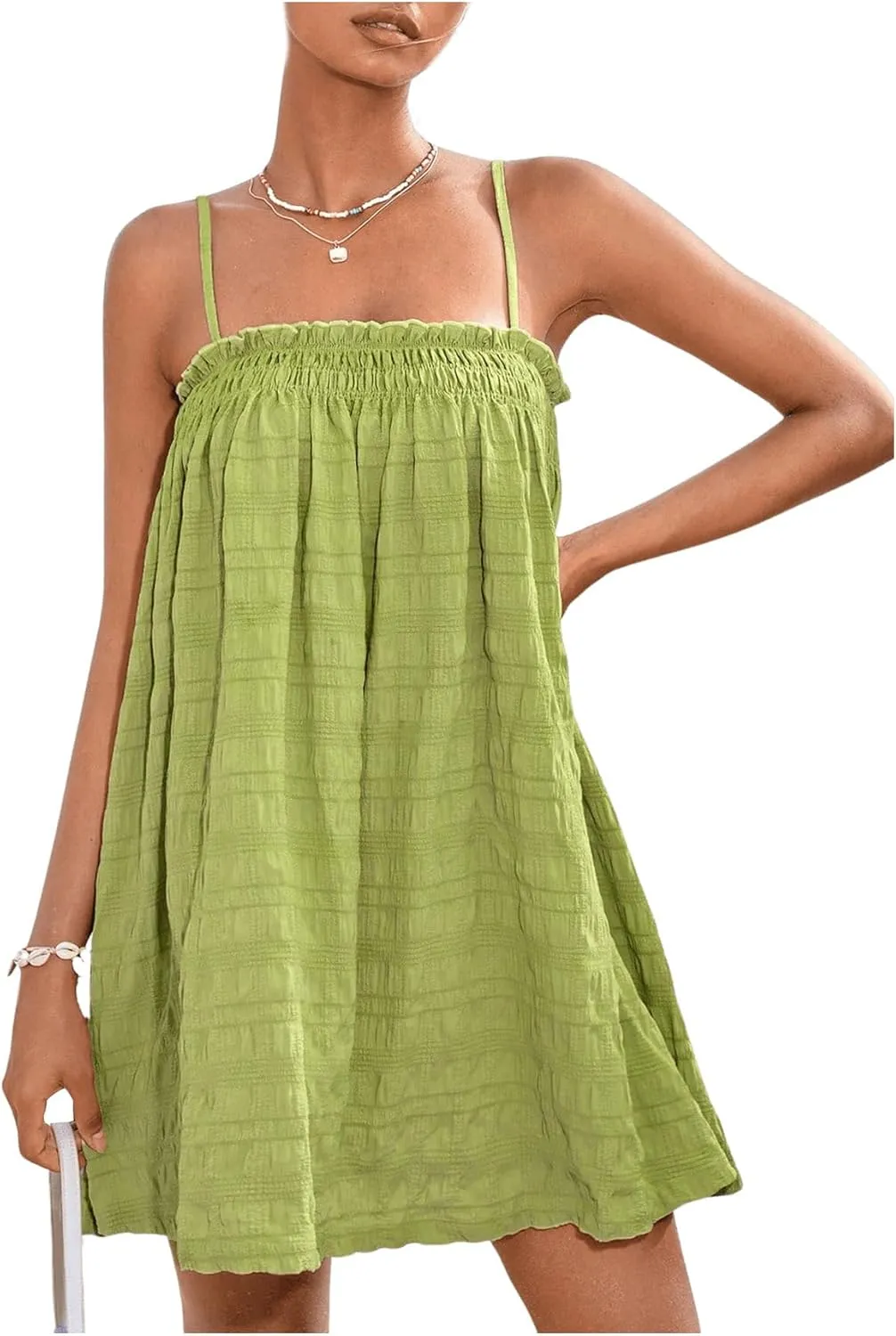 OYOANGLE Women's Spaghetti Straps Sleeveless Loose Ruffle A Line Cami Short Dress with Pocket