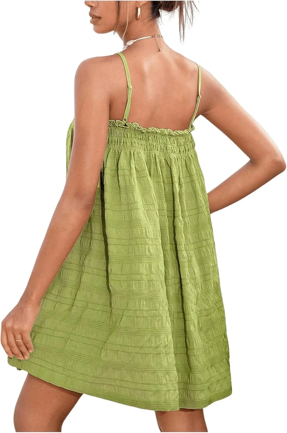 OYOANGLE Women's Spaghetti Straps Sleeveless Loose Ruffle A Line Cami Short Dress with Pocket