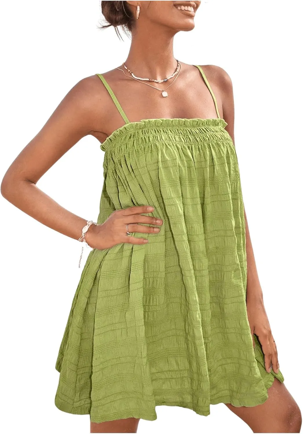 OYOANGLE Women's Spaghetti Straps Sleeveless Loose Ruffle A Line Cami Short Dress with Pocket
