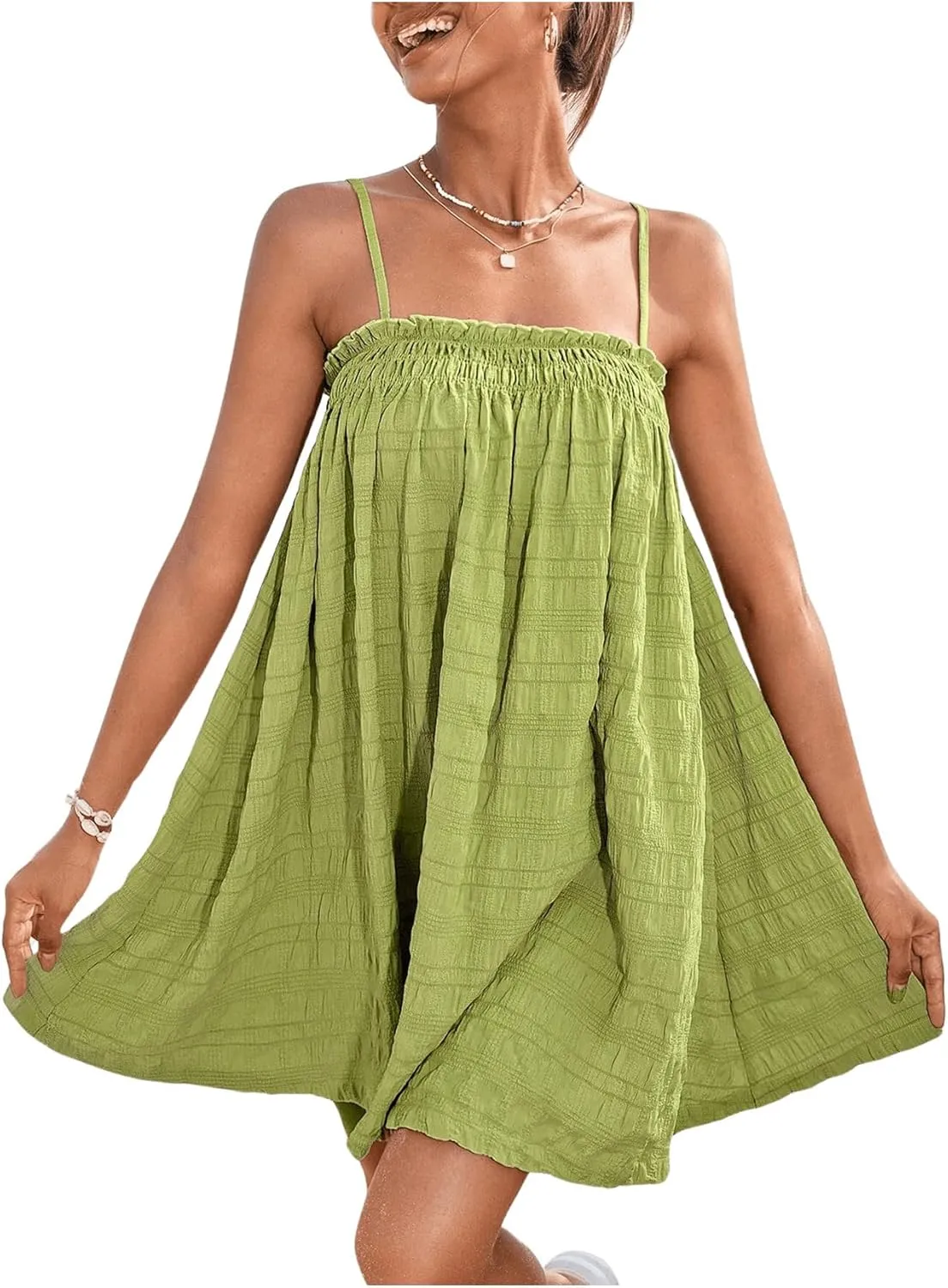 OYOANGLE Women's Spaghetti Straps Sleeveless Loose Ruffle A Line Cami Short Dress with Pocket