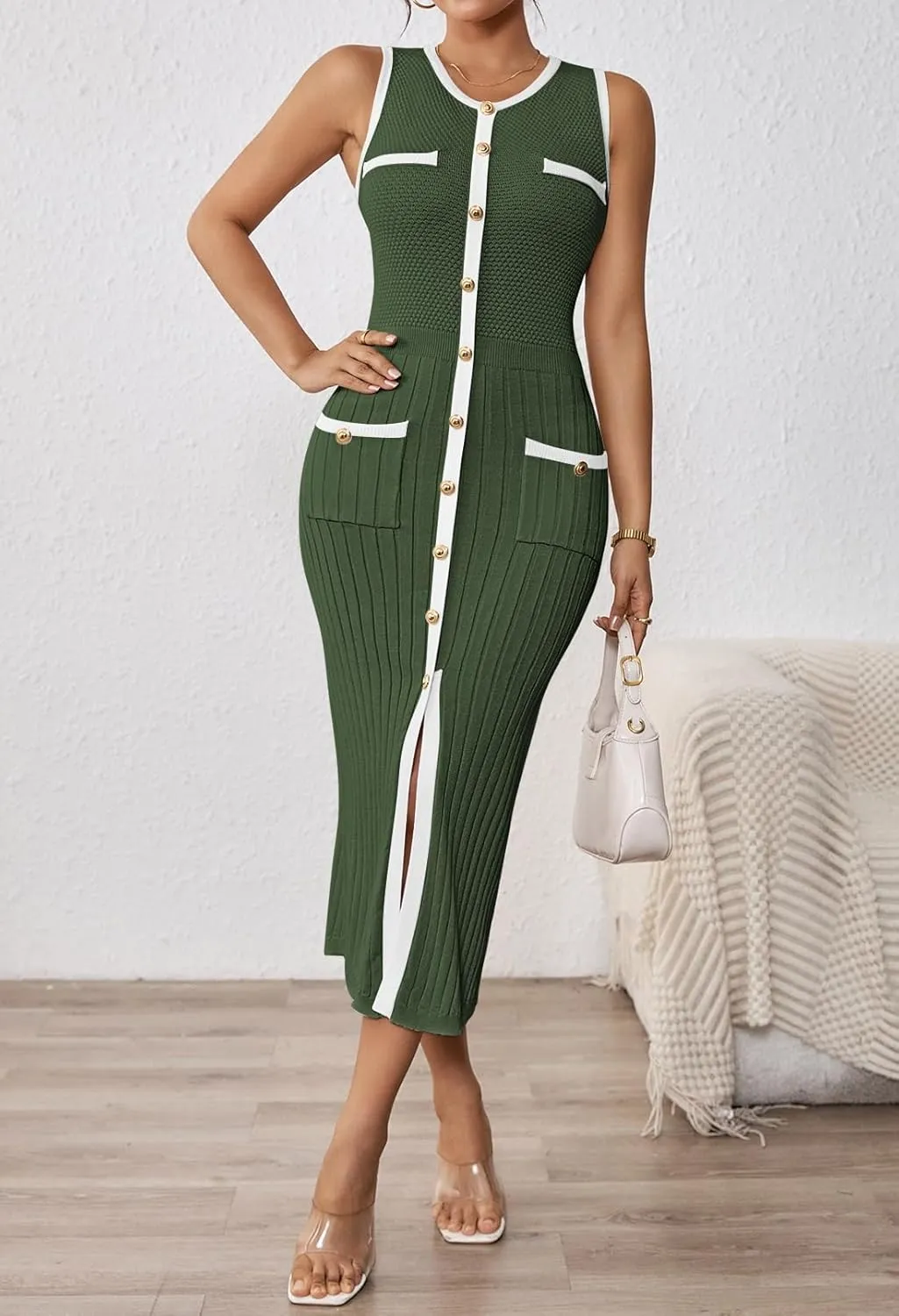 Pink Queen Women's Summer Sweater Dress Sleeveless Slim Fit Bodycon Midi Dresses