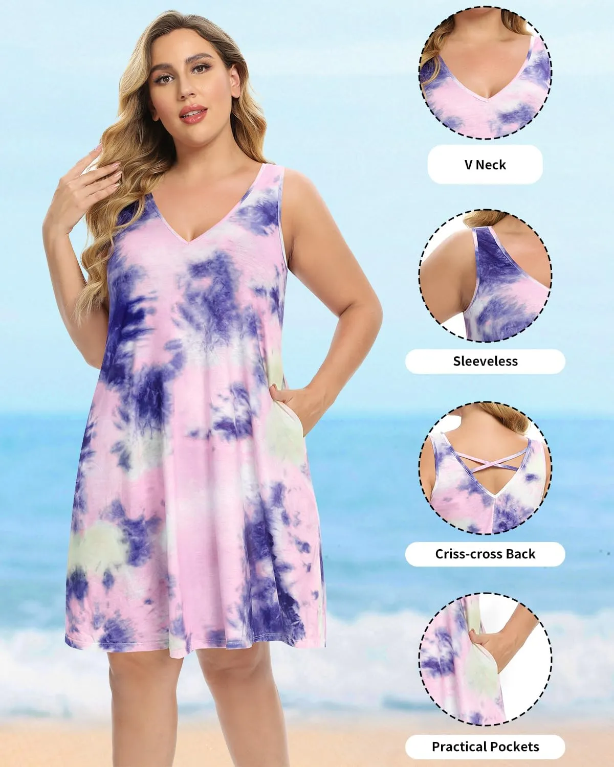 Pinup Fashion Plus Size Women Tank Dresses Sleeveless Criss Cross Back Cover Up T-Shirt Sun Dress with Pockets