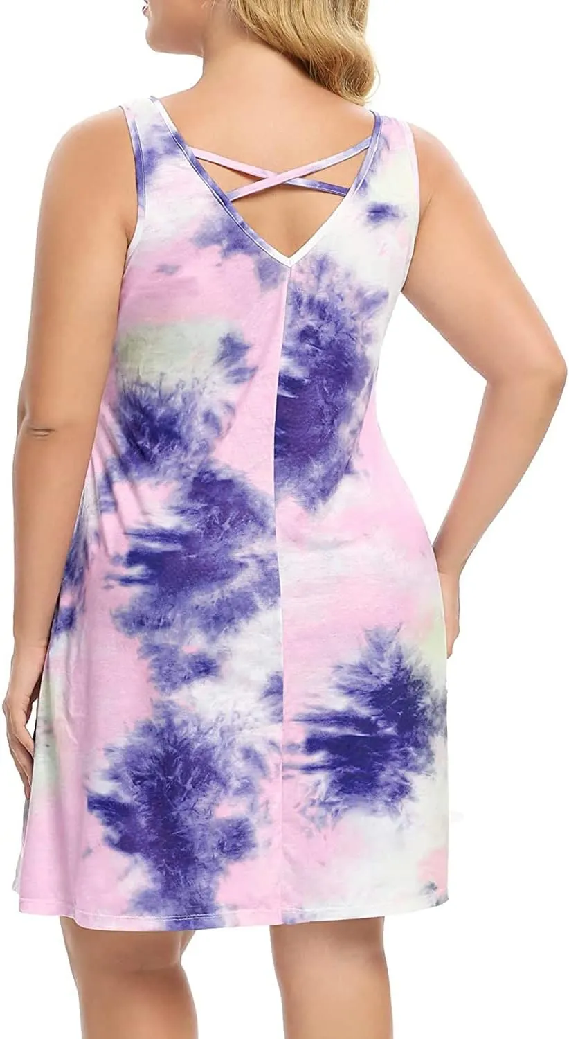 Pinup Fashion Plus Size Women Tank Dresses Sleeveless Criss Cross Back Cover Up T-Shirt Sun Dress with Pockets