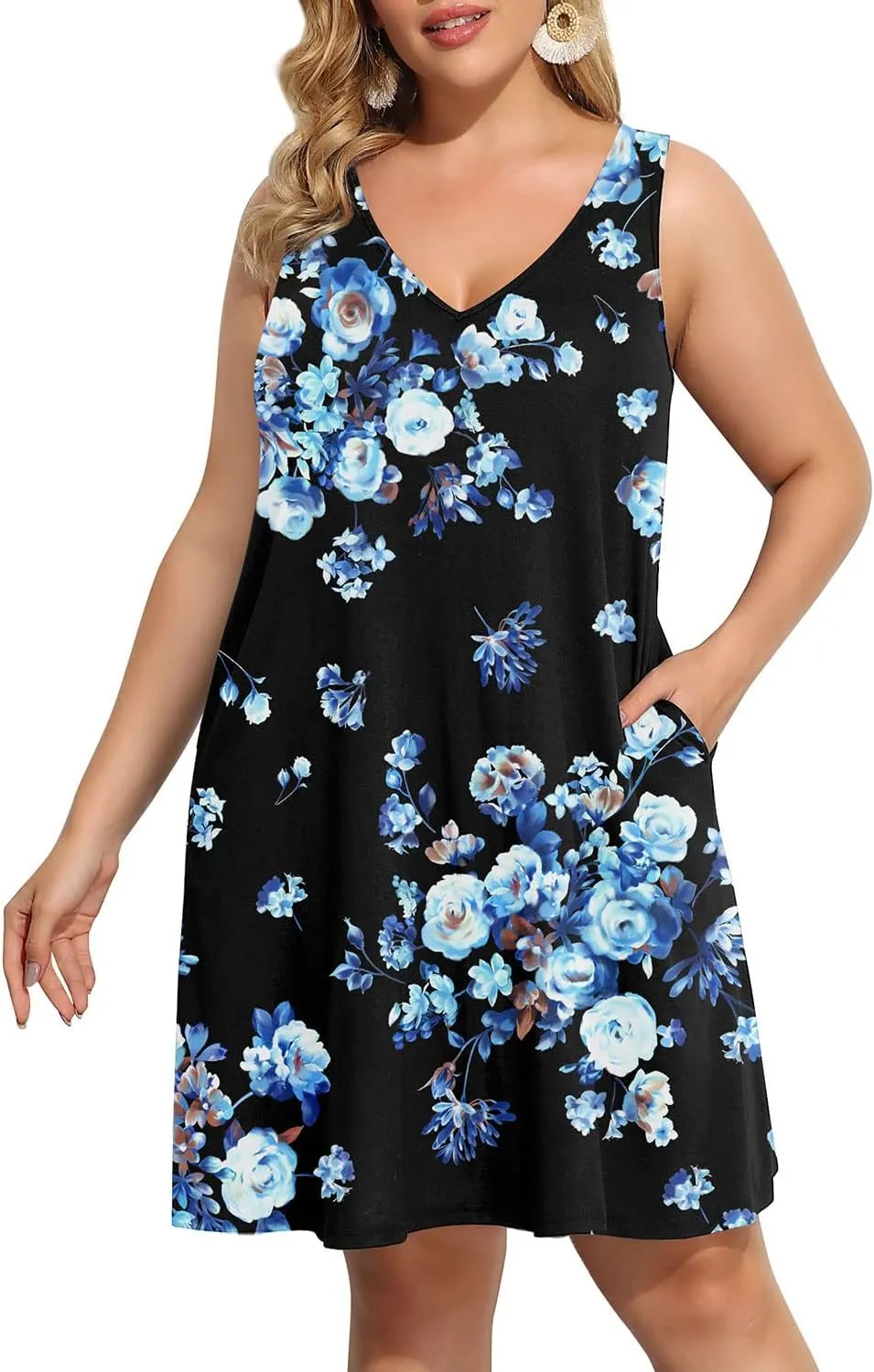 Pinup Fashion Plus Size Women Tank Dresses Sleeveless Criss Cross Back Cover Up T-Shirt Sun Dress with Pockets