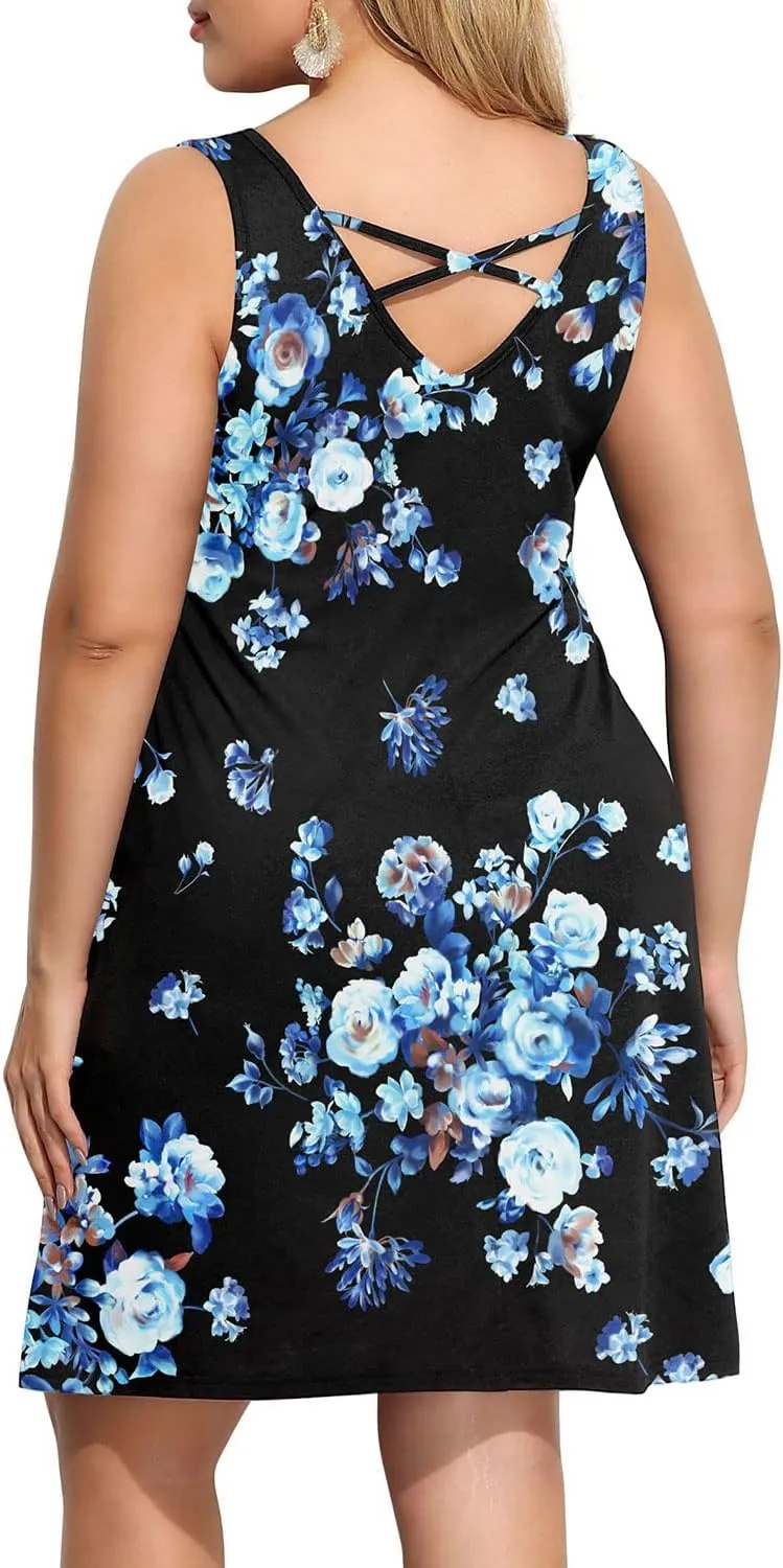 Pinup Fashion Plus Size Women Tank Dresses Sleeveless Criss Cross Back Cover Up T-Shirt Sun Dress with Pockets