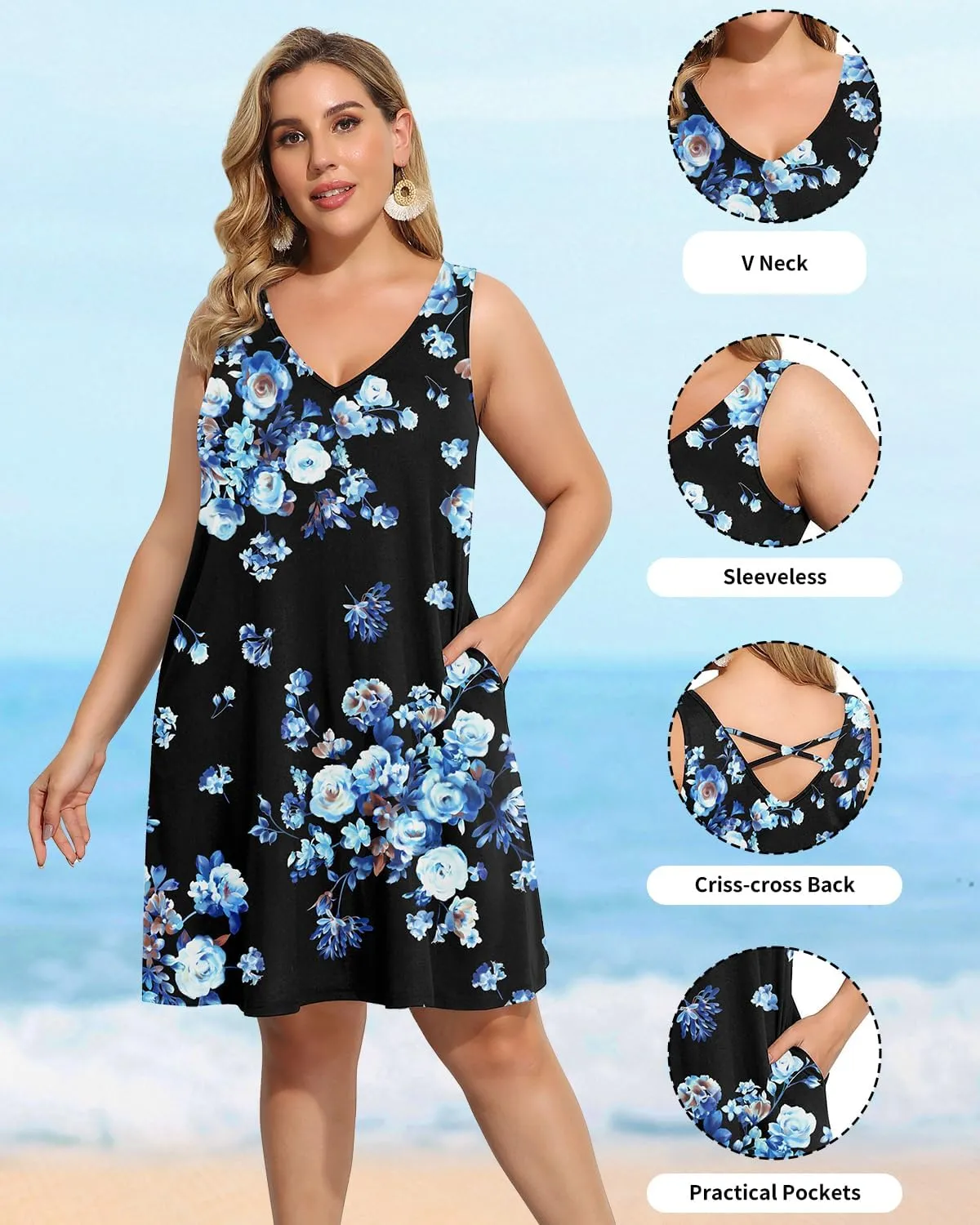 Pinup Fashion Plus Size Women Tank Dresses Sleeveless Criss Cross Back Cover Up T-Shirt Sun Dress with Pockets