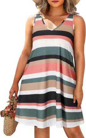 Pinup Fashion Plus Size Women Tank Dresses Sleeveless Criss Cross Back Cover Up T-Shirt Sun Dress with Pockets
