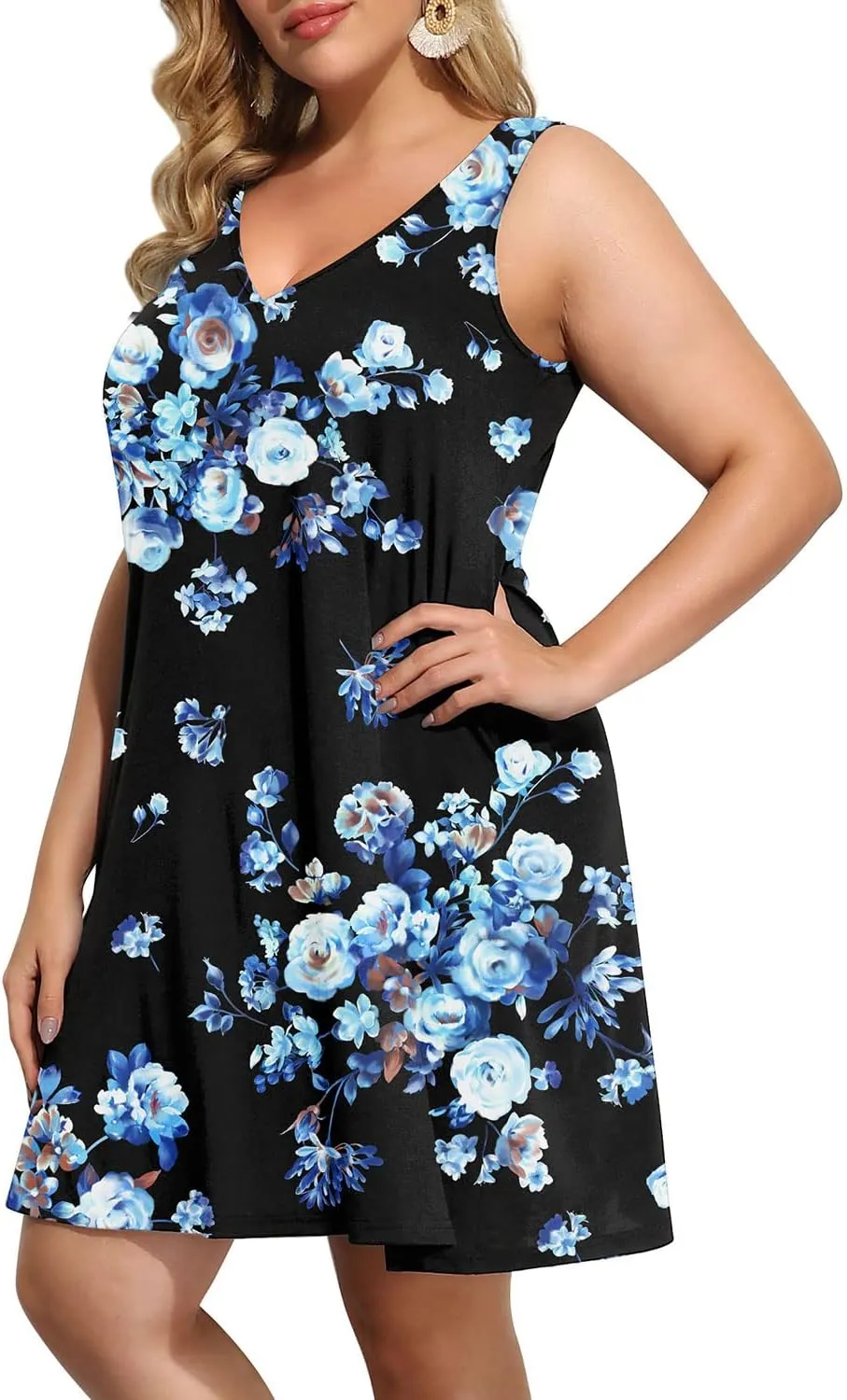 Pinup Fashion Plus Size Women Tank Dresses Sleeveless Criss Cross Back Cover Up T-Shirt Sun Dress with Pockets