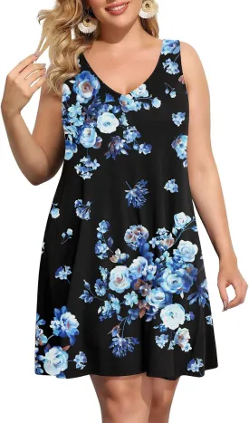 Pinup Fashion Plus Size Women Tank Dresses Sleeveless Criss Cross Back Cover Up T-Shirt Sun Dress with Pockets
