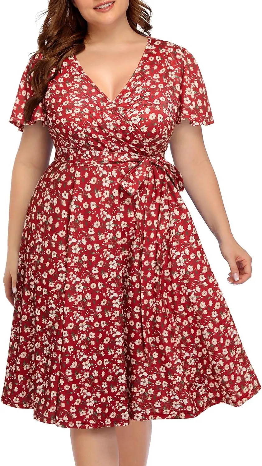 Pinup Fashion Women Plus Size Dresses Wedding Guest - Semi Formal Cocktail Wrap Empire Waist Midi Dress