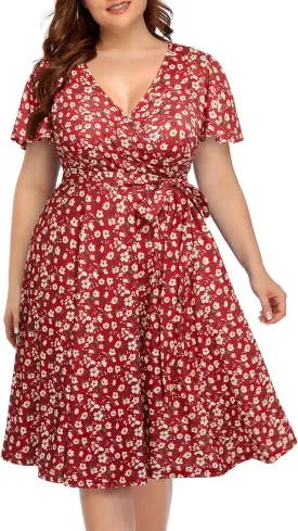 Pinup Fashion Women Plus Size Dresses Wedding Guest - Semi Formal Cocktail Wrap Empire Waist Midi Dress