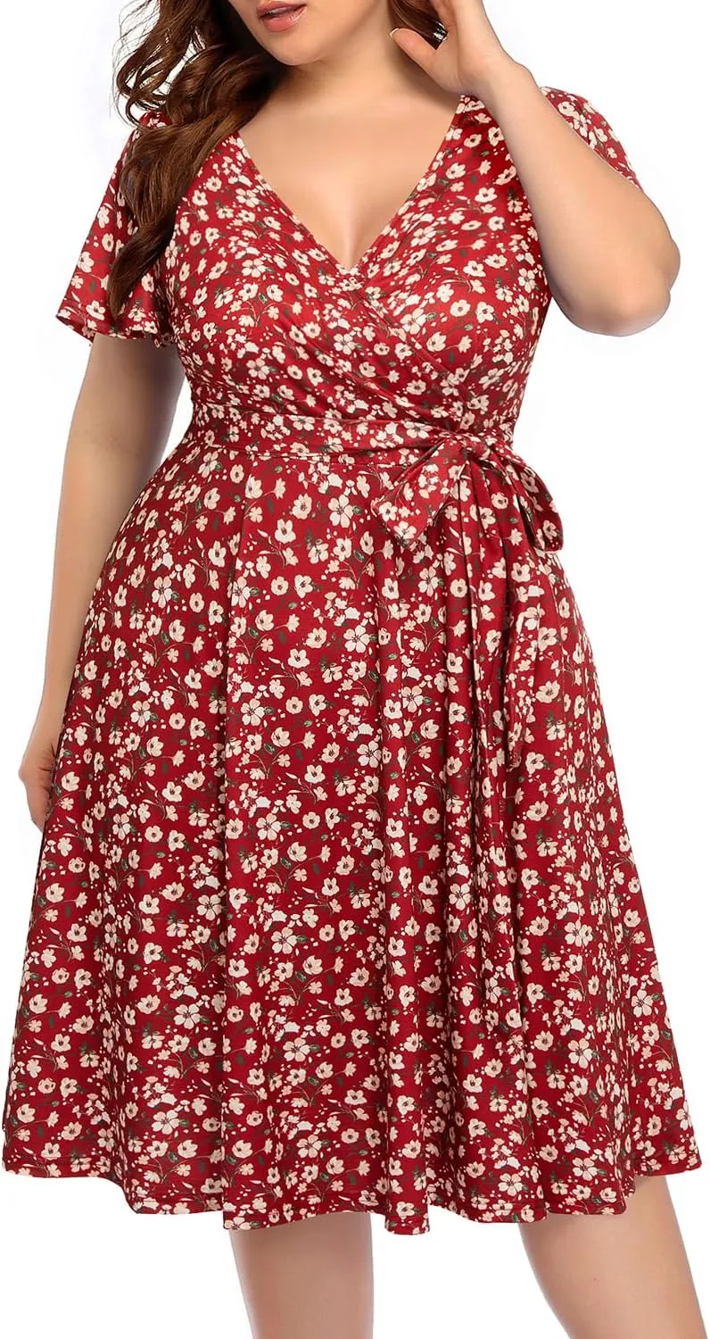 Pinup Fashion Women Plus Size Dresses Wedding Guest - Semi Formal Cocktail Wrap Empire Waist Midi Dress