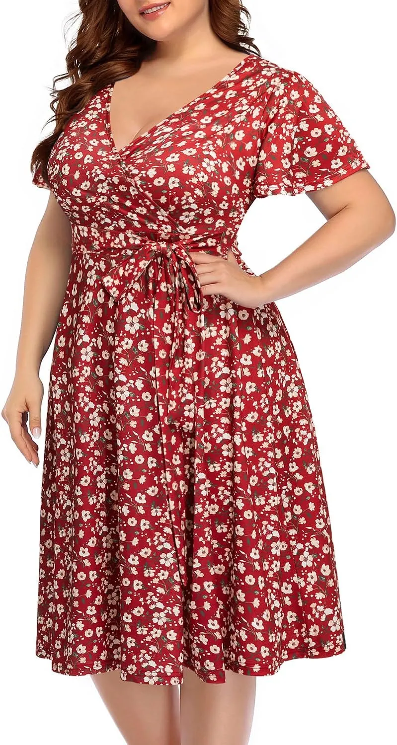 Pinup Fashion Women Plus Size Dresses Wedding Guest - Semi Formal Cocktail Wrap Empire Waist Midi Dress