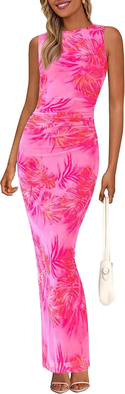 PRETTYGARDEN Wedding Guest Dresses for Women 2025 Summer Spring Floral Bodycon Sleeveless Mesh Maxi Long Dress