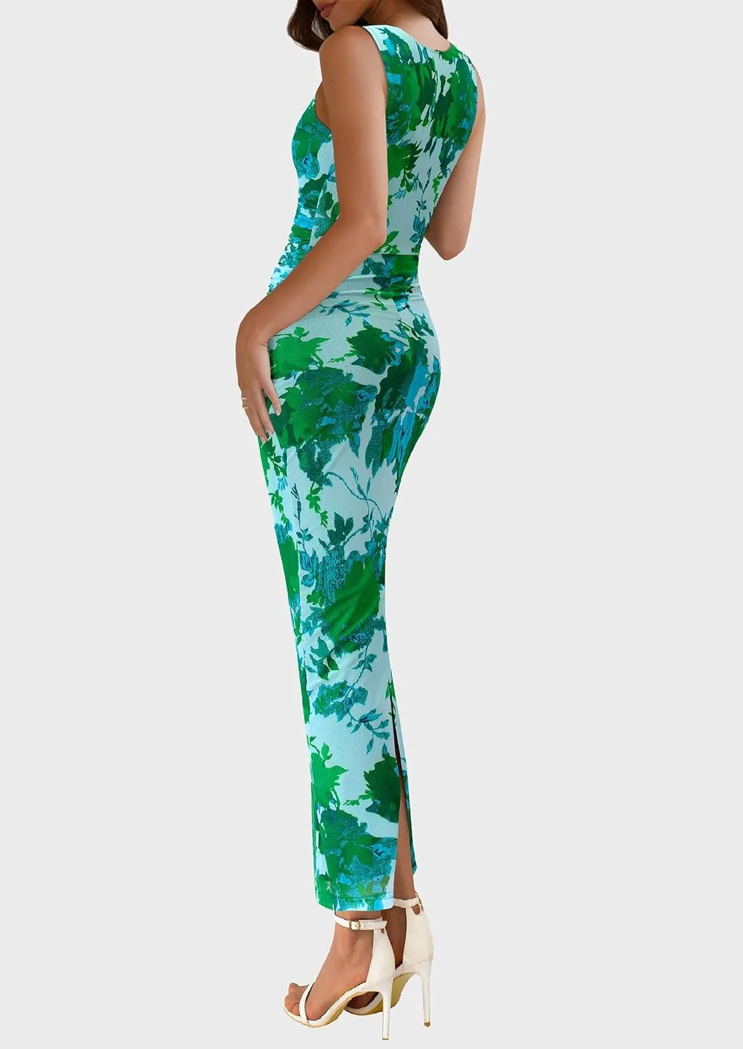 PRETTYGARDEN Wedding Guest Dresses for Women 2025 Summer Spring Floral Bodycon Sleeveless Mesh Maxi Long Dress