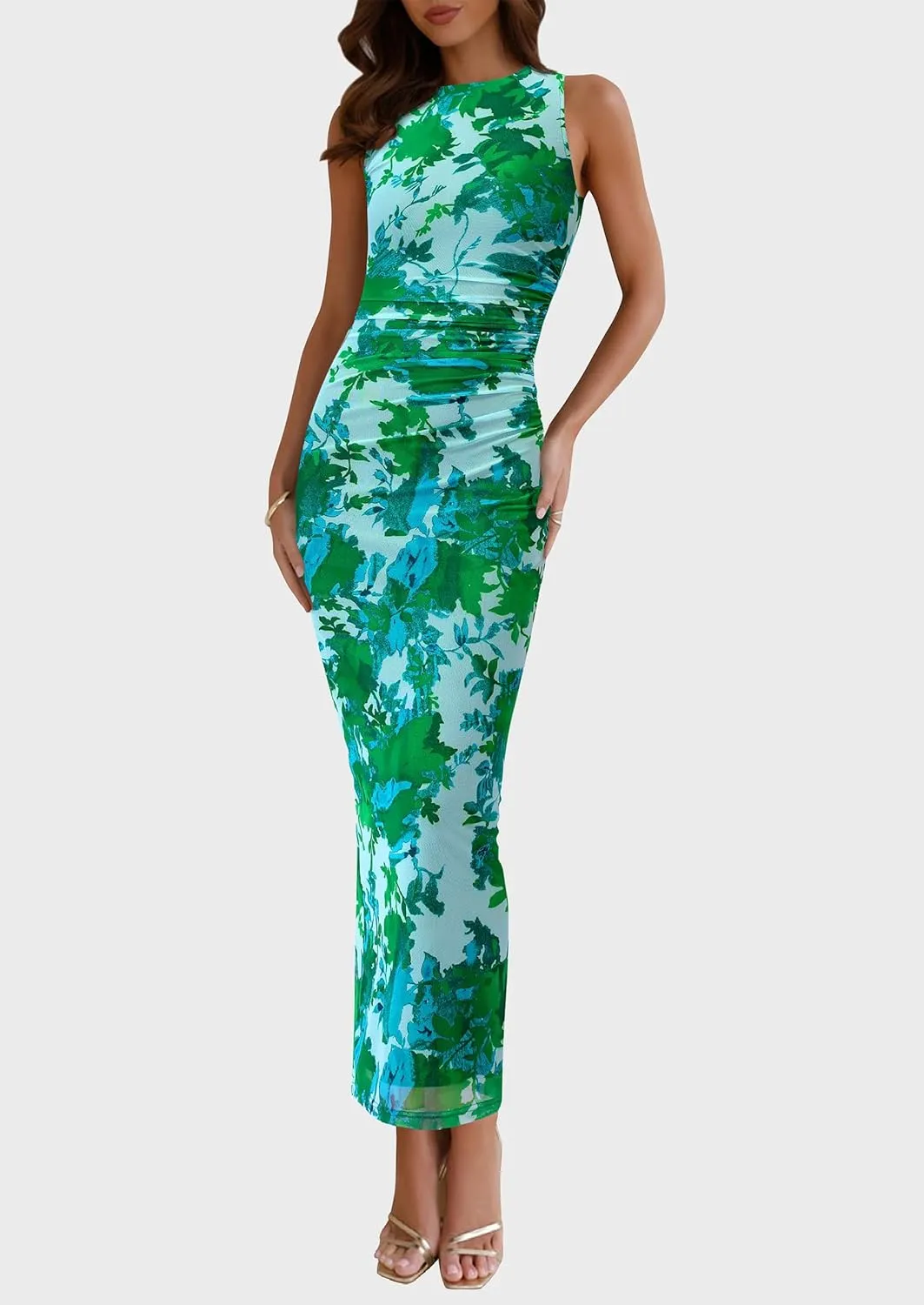 PRETTYGARDEN Wedding Guest Dresses for Women 2025 Summer Spring Floral Bodycon Sleeveless Mesh Maxi Long Dress