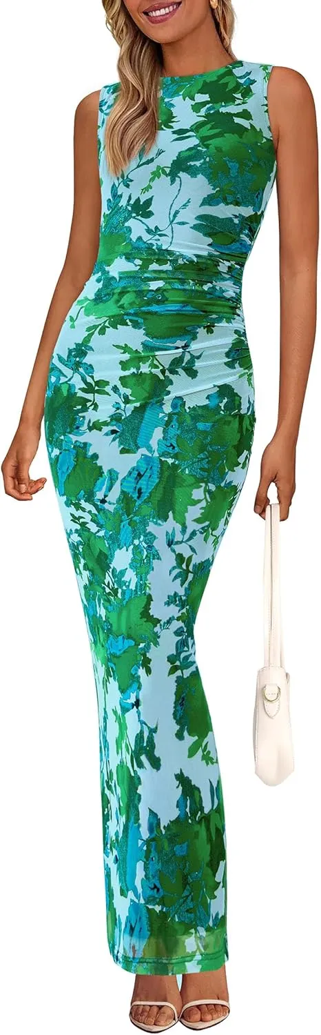 PRETTYGARDEN Wedding Guest Dresses for Women 2025 Summer Spring Floral Bodycon Sleeveless Mesh Maxi Long Dress