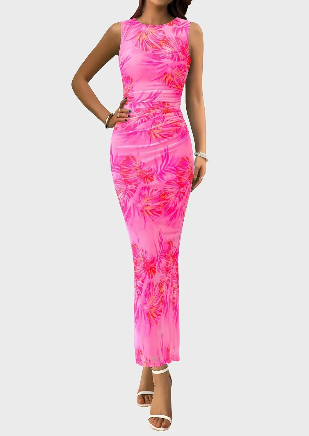 PRETTYGARDEN Wedding Guest Dresses for Women 2025 Summer Spring Floral Bodycon Sleeveless Mesh Maxi Long Dress