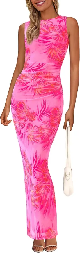 PRETTYGARDEN Wedding Guest Dresses for Women 2025 Summer Spring Floral Bodycon Sleeveless Mesh Maxi Long Dress