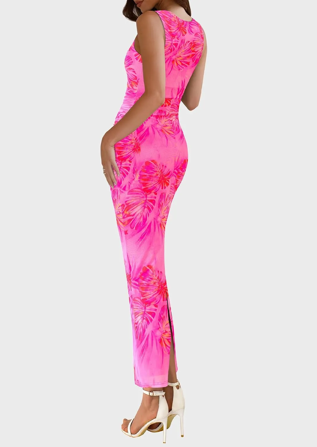 PRETTYGARDEN Wedding Guest Dresses for Women 2025 Summer Spring Floral Bodycon Sleeveless Mesh Maxi Long Dress