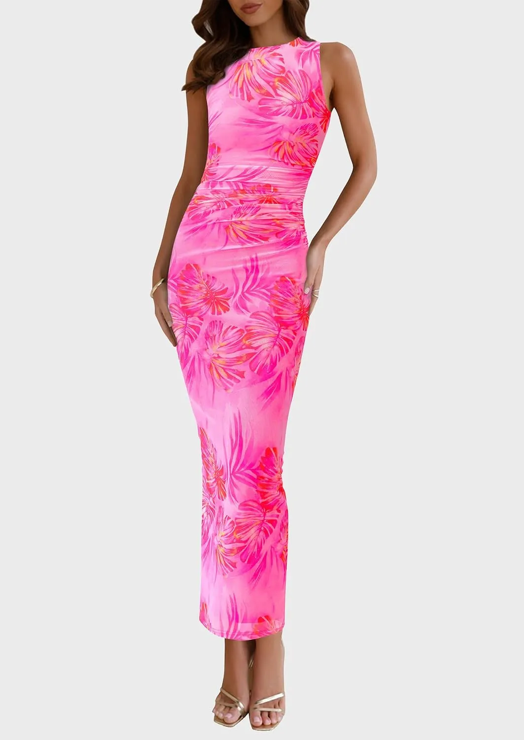 PRETTYGARDEN Wedding Guest Dresses for Women 2025 Summer Spring Floral Bodycon Sleeveless Mesh Maxi Long Dress