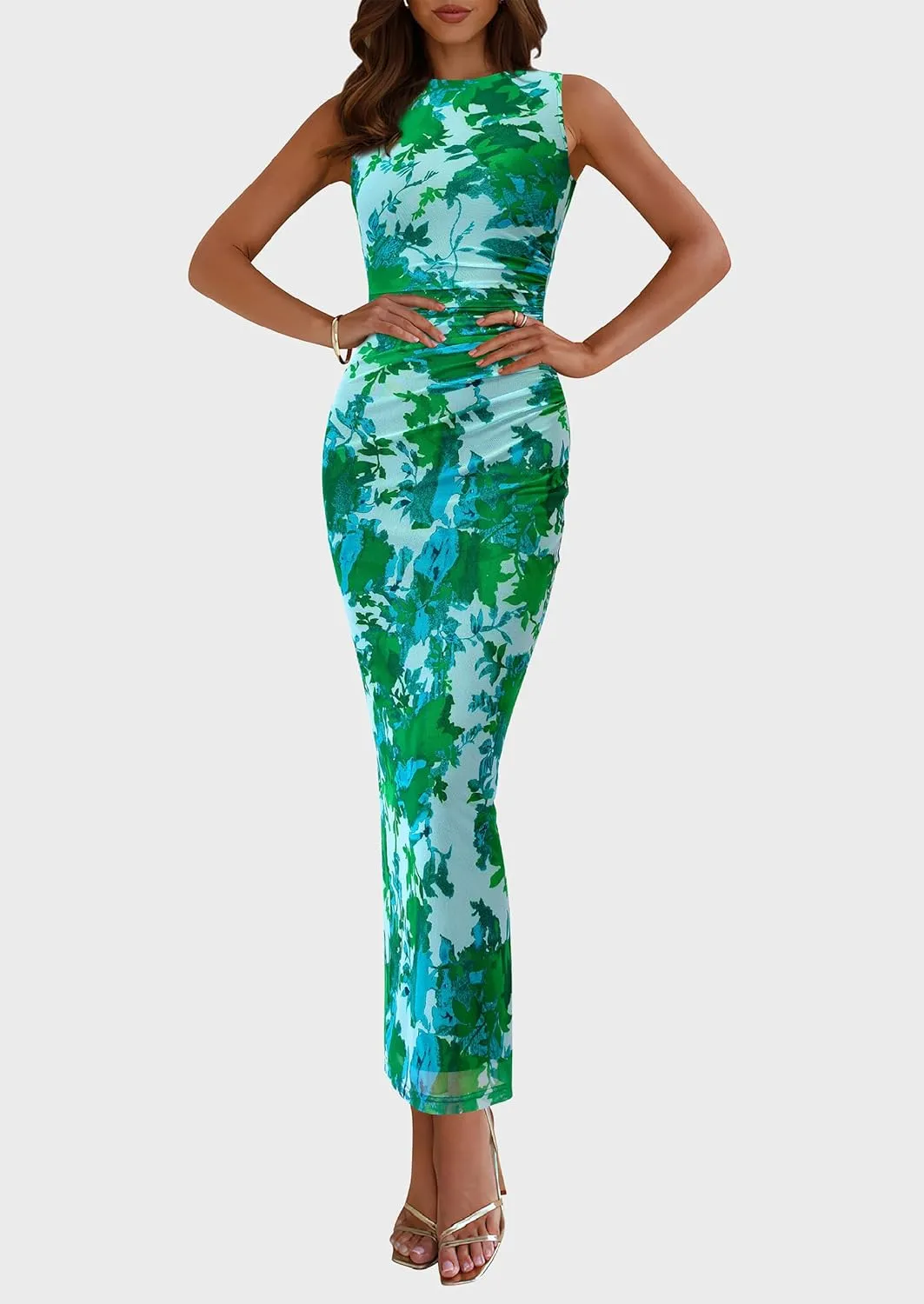 PRETTYGARDEN Wedding Guest Dresses for Women 2025 Summer Spring Floral Bodycon Sleeveless Mesh Maxi Long Dress