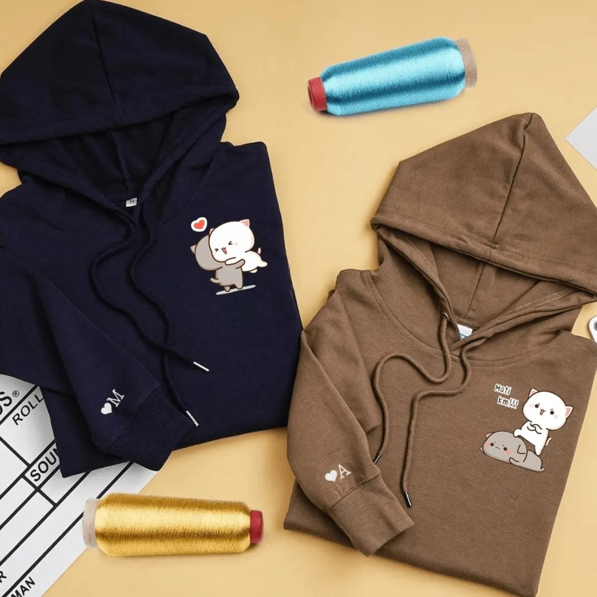 "Matching Cat" Themed Couple Hoodies – Custom Embroidered Sweatshirts For Couples