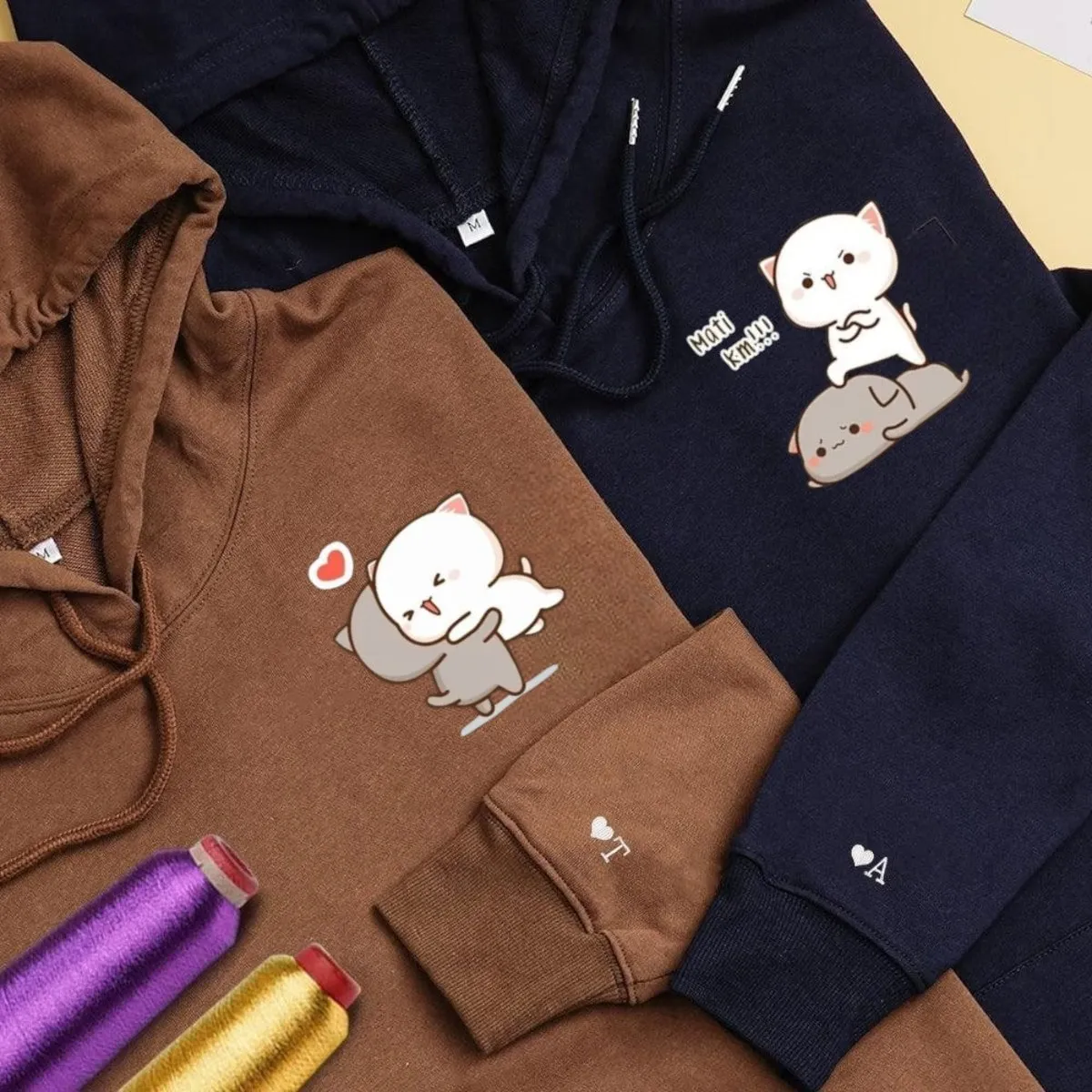 "Matching Cat" Themed Couple Hoodies – Custom Embroidered Sweatshirts For Couples