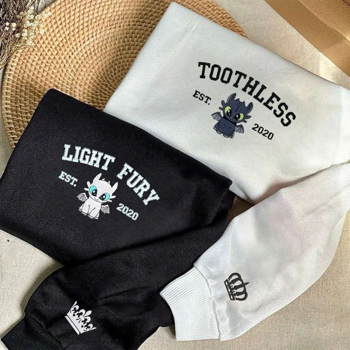 "Toothless And Light Fury Couple" Couple Matching Hoodies - Custom Embroidered Sweatshirts For Couples