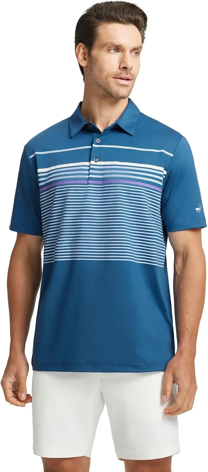 Rouen Mens Polo Shirts Short Sleeve Dry Fit Lightweight Performance Casual Athletic Striped Print Golf Shirts for Men