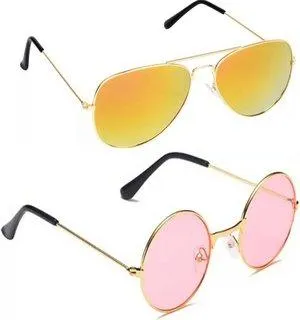Round, Aviator Sunglasses (For Men & Women, Yellow, Pink)