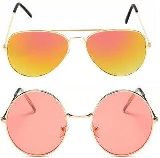 Round, Aviator Sunglasses (For Men & Women, Yellow, Pink)