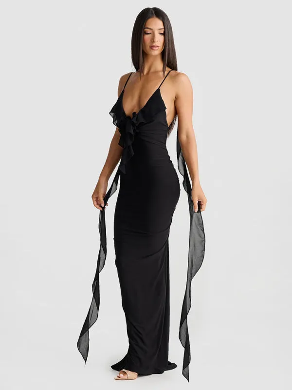 Ruched Backless Evening Gown with Chiffon Ruffle Straps for Prom