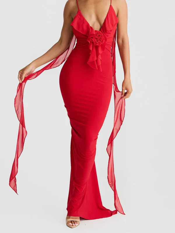 Ruched Backless Evening Gown with Chiffon Ruffle Straps for Prom
