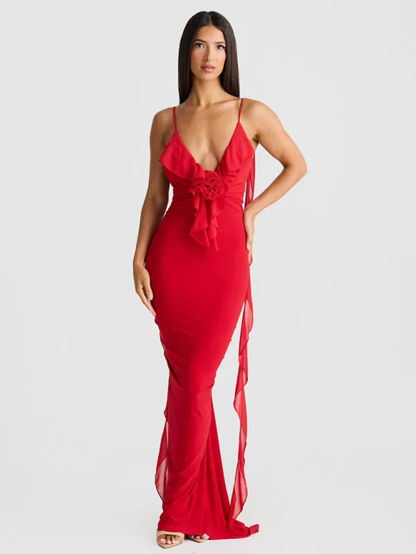Ruched Backless Evening Gown with Chiffon Ruffle Straps for Prom