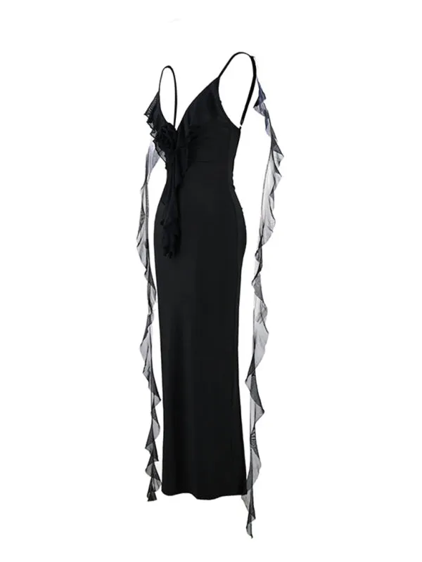 Ruched Backless Evening Gown with Chiffon Ruffle Straps for Prom