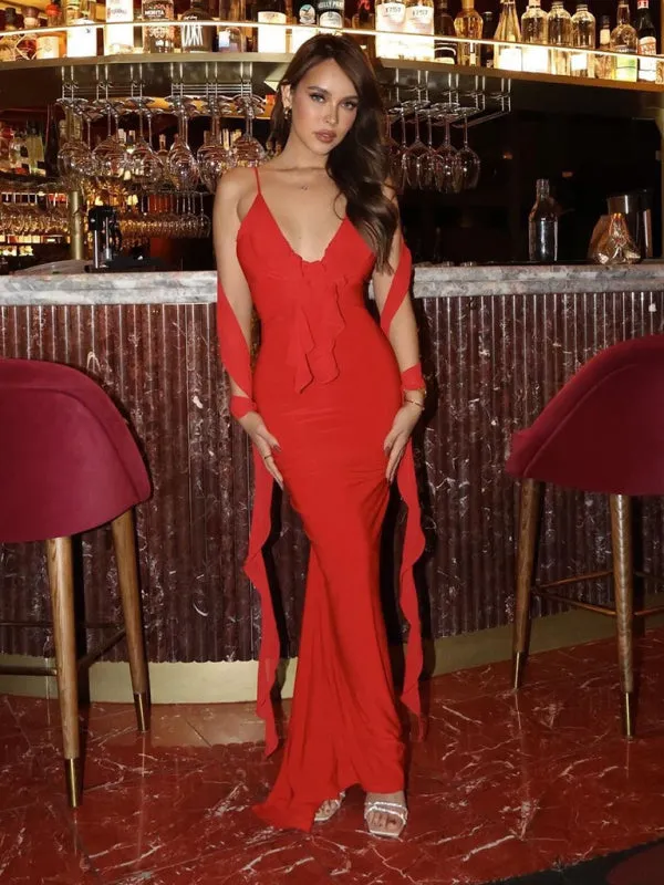 Ruched Backless Evening Gown with Chiffon Ruffle Straps for Prom