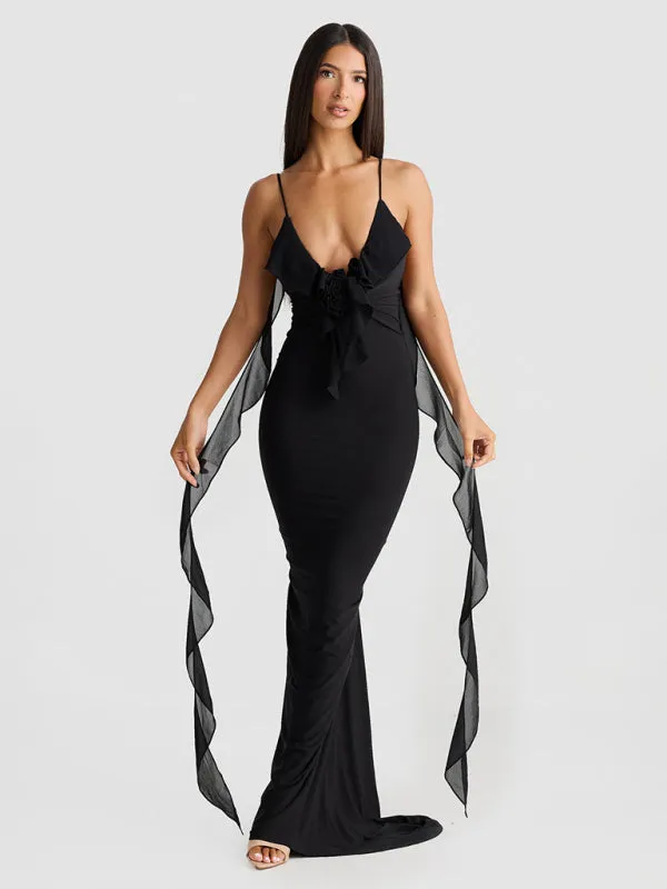 Ruched Backless Evening Gown with Chiffon Ruffle Straps for Prom