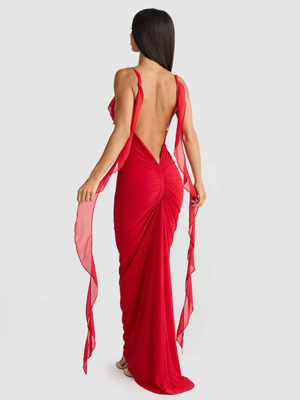Ruched Backless Evening Gown with Chiffon Ruffle Straps for Prom