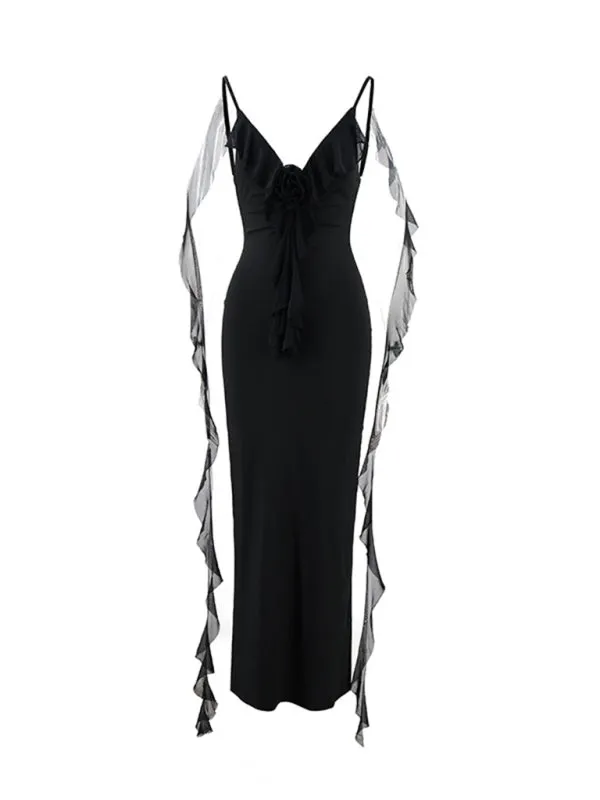 Ruched Backless Evening Gown with Chiffon Ruffle Straps for Prom