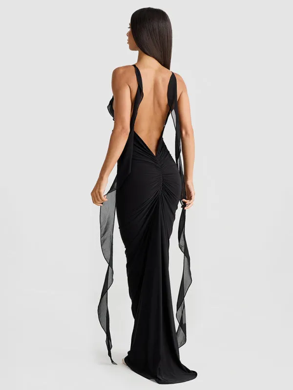 Ruched Backless Evening Gown with Chiffon Ruffle Straps for Prom