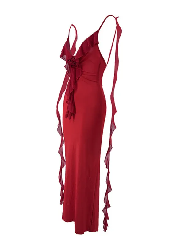 Ruched Backless Evening Gown with Chiffon Ruffle Straps for Prom