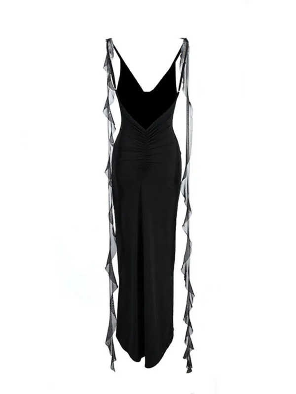 Ruched Backless Evening Gown with Chiffon Ruffle Straps for Prom