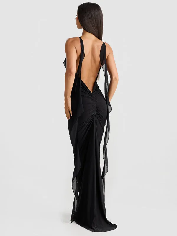 Ruched Backless Evening Gown with Chiffon Ruffle Straps for Prom